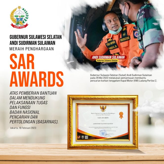 
 Gubernur Sulsel Raih Penghargaan SAR Awards dari Basarnas