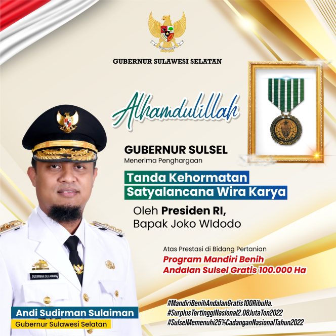 
 Gubernur Sulsel Terima Penghargaan Satyalancana Wira Karya dari Presiden