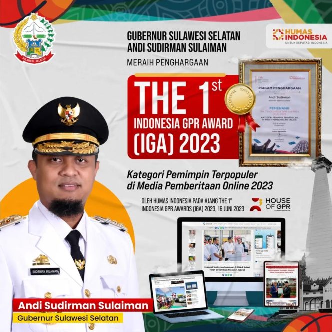 
 Terpopuler di Media Pemberitaan Online, Gubernur Sulsel Raih The 1st Indonesia GPR Awards 2023