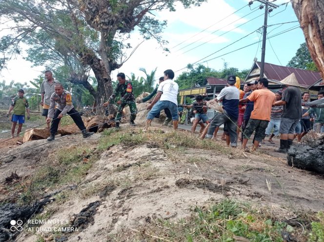 
 Babinsa Dan Bhabinkamtibmas Ajak Warga Gotong Royong Pindahkan Batang Pohon Yang Tumbang